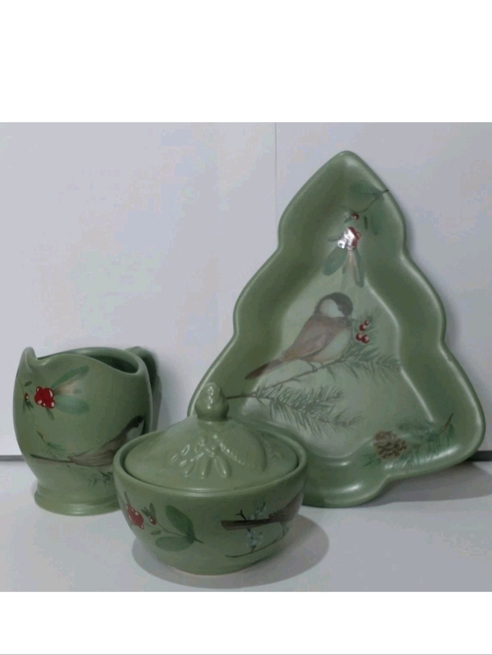 Pfaltzgraff Sage Green Ceramic Bird Motif Bowl Set Sugar Creamer Dish